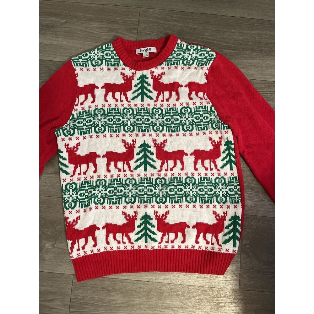 Christmas Fair isle Sweater Large Red Green Reindeer Imagin8